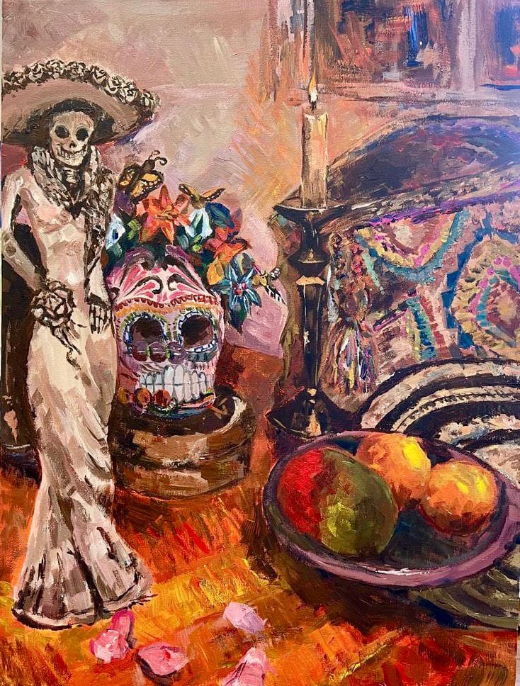 "Dia de los Muertos' Obra de acrílico sobre lienzo por Alexandra Oviedo. Imagen de: 